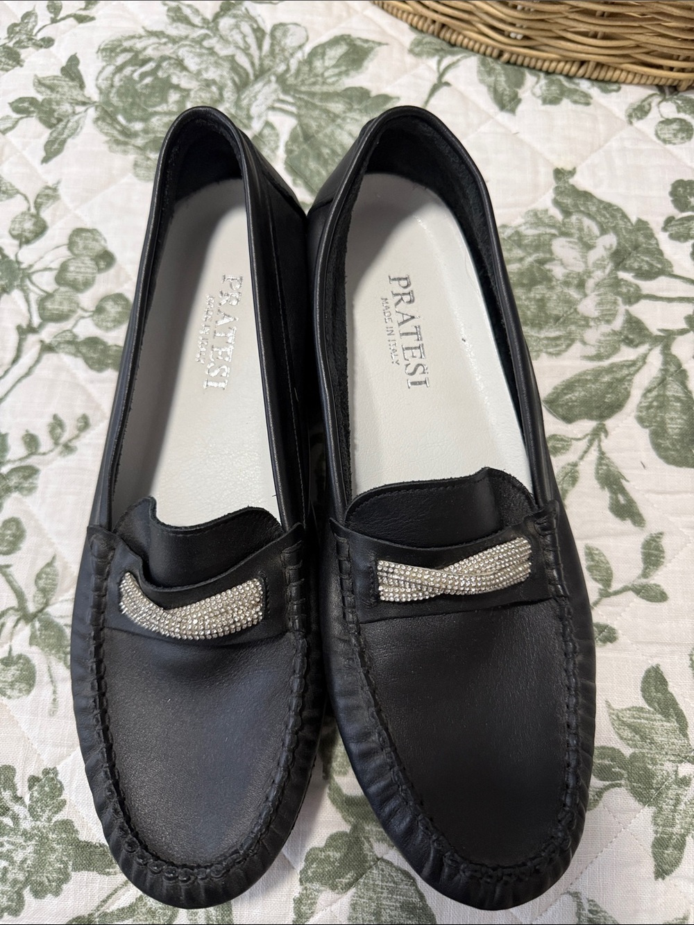 Pratesi Black Leather Rhinestone Trim Loafers for Women